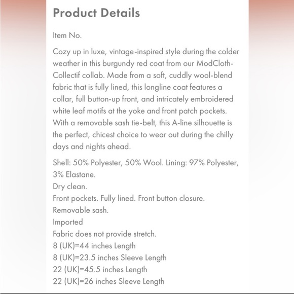 ModCloth x Collectif Coat Small UK 10 Vintage-Inspired Embroidered Cranberry - Picture 13 of 16